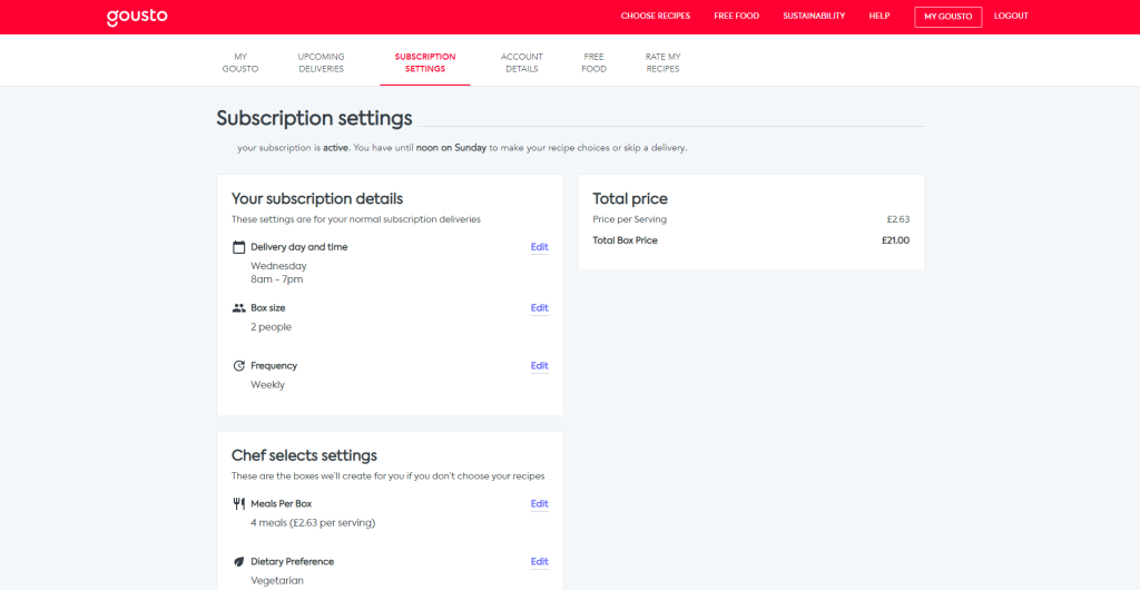 Subscription Settings dashboard to cancel Gousto subscription 