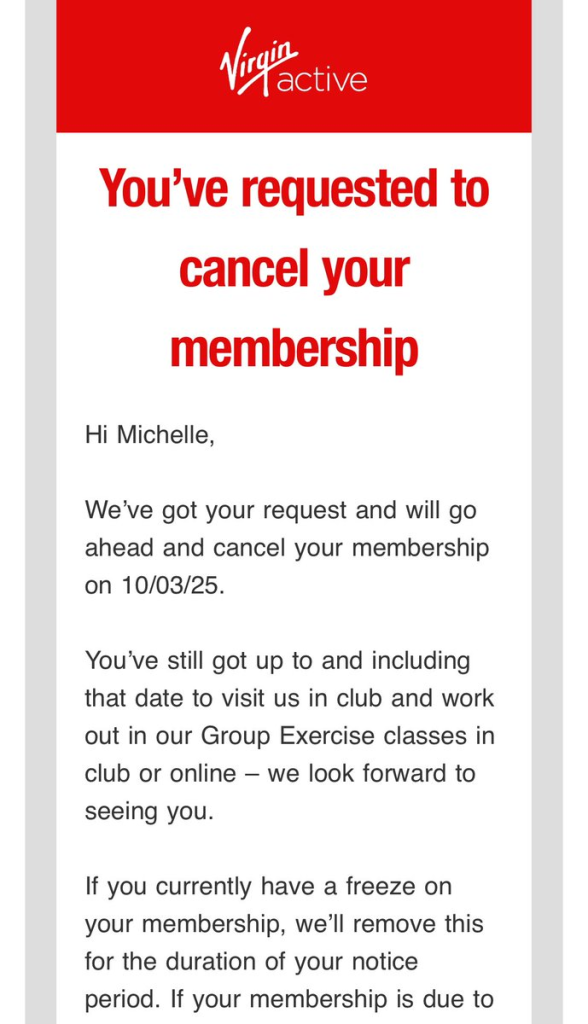 Email after cancellation of Virgin Active membership